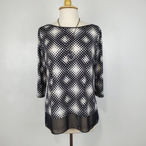 Worthington Black White Polka Dot Top With Faux Leather Trim Size LP - Picture 12 of 12